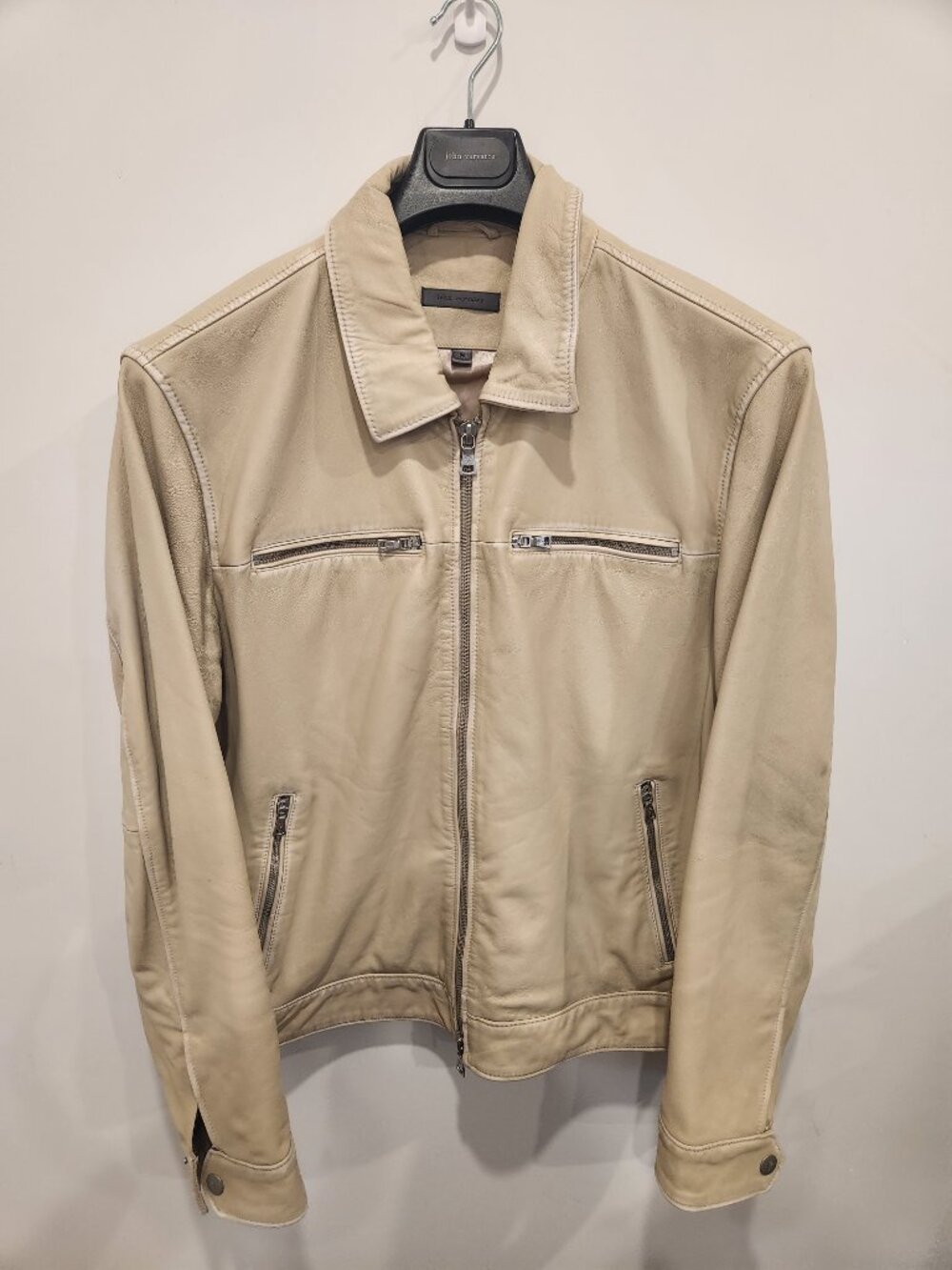 John Varvatos Men's Beige Cream Sheepskin Leather Moto Jacket Size US 46
